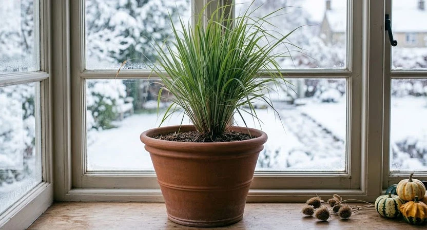 Ein Zitronengraskübel steht im Winter an einem hellen, kühlen Fenster fernab der Heizung