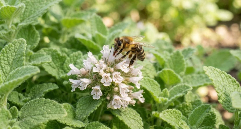 Eine Biene sitzt auf einer kleinen weißlich-rosa Blüte der Zitronenmelisse zwischen hellgrünen, behaarten Blättern