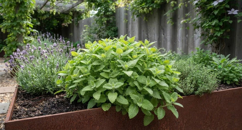 Eine Zitronenmelissenstaude wächst im lichten Halbschatten am Rand eines Hochbeets, umgeben von weiteren Kräutern