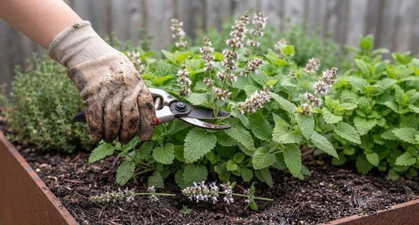 Eine Gartenschere schneidet die weißlich-rosa Blütenstände einer Zitronenmelissenstaude vor der Samenreife zurück