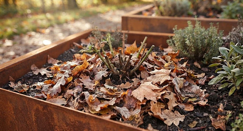 Der abgeschnittene Wurzelbereich einer Zitronenmelisse ist im Spätherbst mit einer lockeren Schicht Laubmulch bedeckt