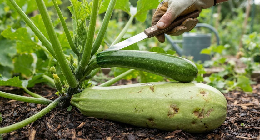 Ein Messer schneidet eine schlanke, anderthalb Handlängen lange Zucchini von der Pflanze, daneben liegt zum Vergleich eine doppelt so große überwachsene Zucchini auf der Erde