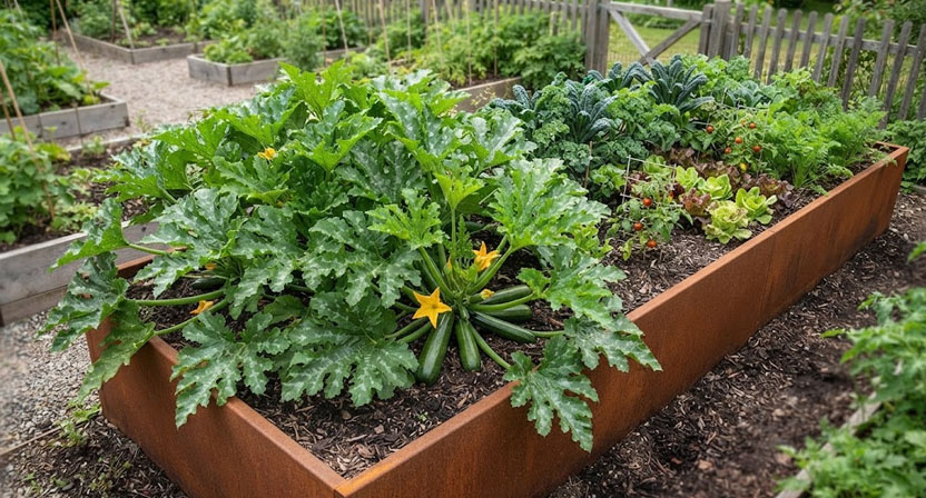 Eine einzelne große Zucchinipflanze nimmt fast ein ganzes Ende eines Cortenstahl-Hochbeets mit ihren breiten Blättern ein, kleineres Gemüse steht gedrängt am anderen Ende