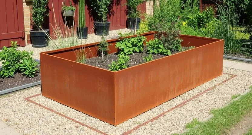 Ein Hochbeet mit einem klar definierten Weg darum herum, der einen einfachen Zugang zur Gartenarbeit ermöglicht. Gartengeräte und eine Gießkanne stehen in der Nähe. Praktisches Gartendesign, Tageslicht, mittlere Aufnahme.