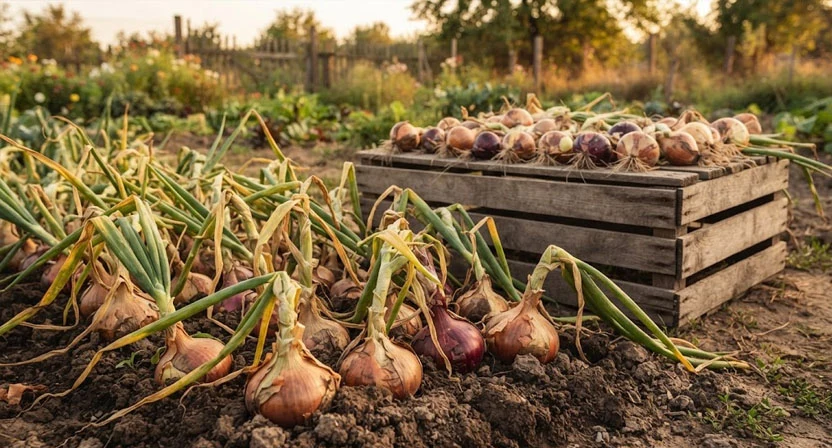 Ein Zwiebelbeet, dessen grüne Blätter umgeknickt und vergilbt sind, die Knollen schieben sich aus der Erde, dahinter trocknen geerntete Zwiebeln auf einer Holzlattenkiste in der Sonne