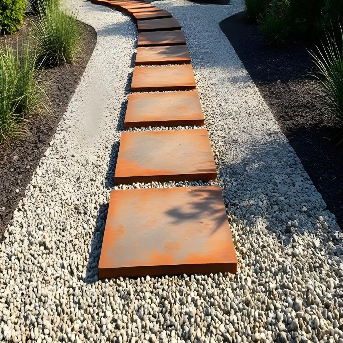 Produktbild Trittsteine aus Cortenstahl in modularer Bauweise, weisser Hintergrund